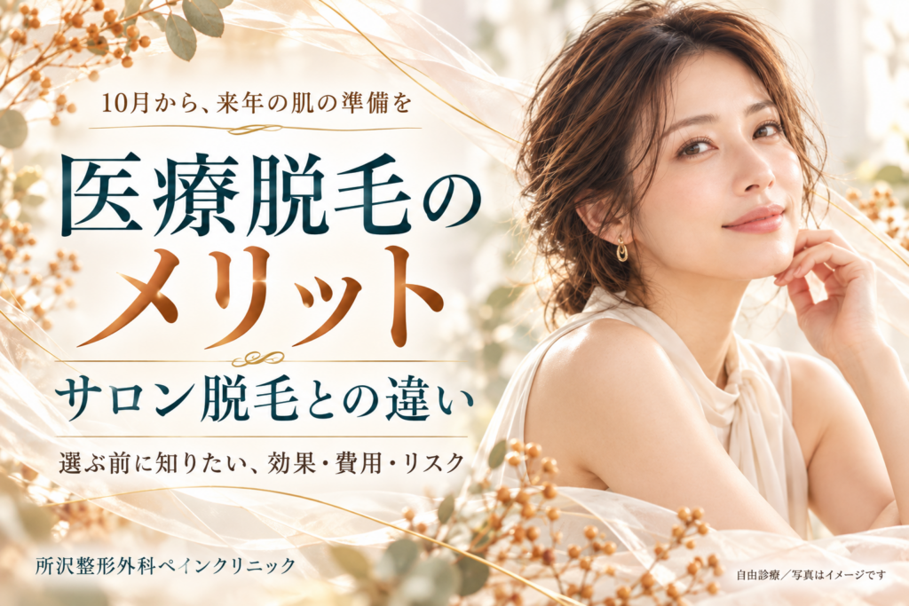 医療脱毛のメリットとサロン脱毛との違いを紹介する画像。女性モデルと、効果・費用・リスクの比較を案内する見出し。